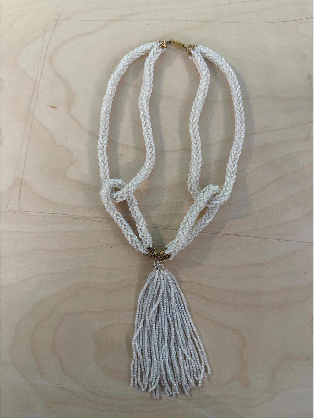 Vintage Tassel Pearl and Opalescent Woven Beaded necklace rhinestone gold detail
